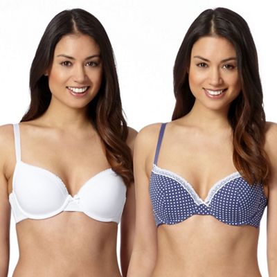 Pack of two blue spotted and white plain t-shirt bras
